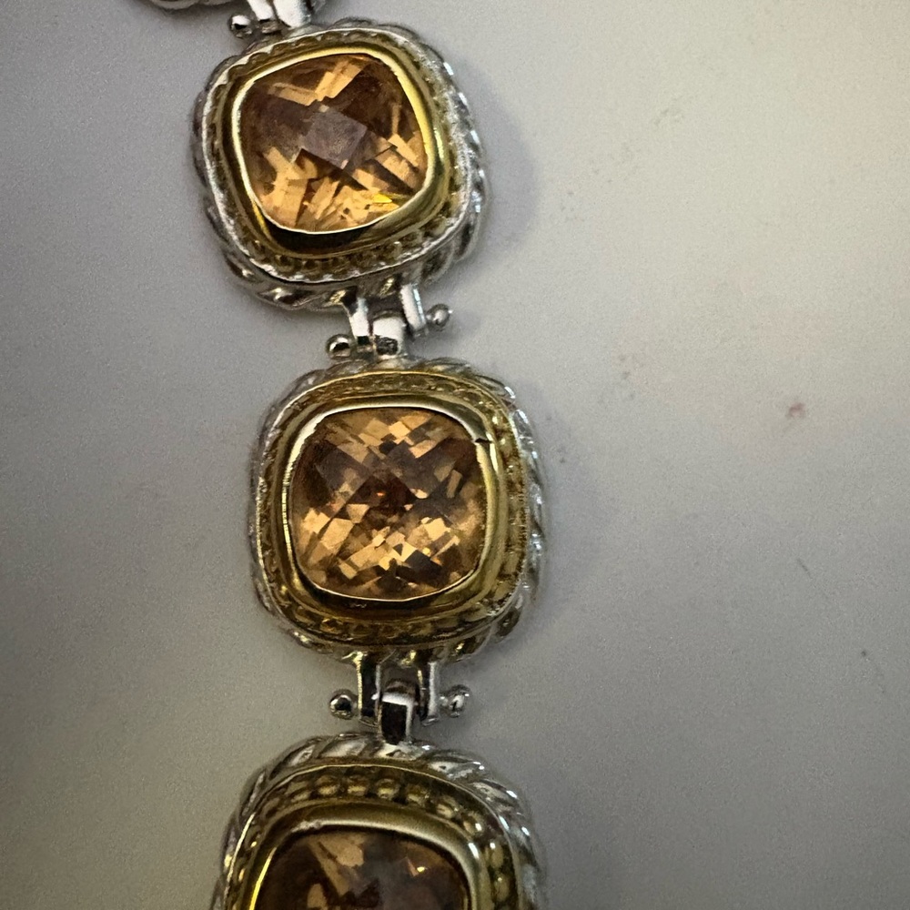 VTG Sterling Silver 925 2 Toned CZ Citrine Chunky Tennis Bracelet 7" Stunning - Picture 3 of 12